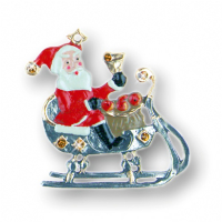 Pewter Ornament Santa Claus with Bell on Sleigh and 12 Stones yellow