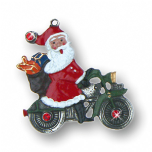 Zinnfigur Weihnachtsmann auf Motorrad mit 6 Steinen rot -...