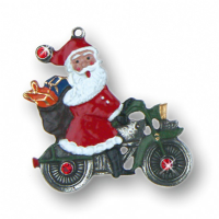 Pewter Ornament Santa Claus on Motorcycle with 6 Stones red